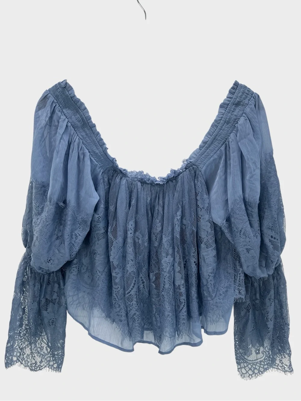 Free People Fairy Girl Lace Blouse Ethereal Blue Boho Romantic Bell Sleeve S